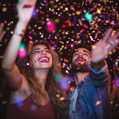 Two friends enjoying a lively moment amidst colorful confetti.