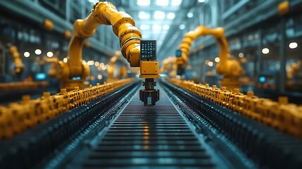 Robotic arms assembling parts in a high-tech factory with AI systems monitoring operations
