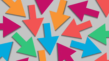 Bright colorful arrows background. Colored 3d arrows. Various arrows with shadows on grey. Creativity and ideas concept.