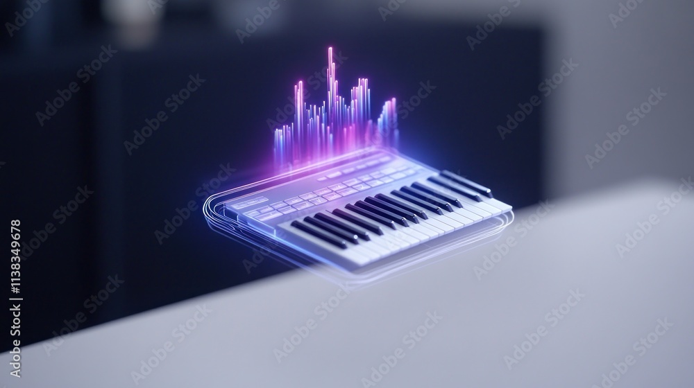 Poster a futuristic keyboard with sound wave graphics above it.