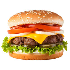 A cheeseburger with melted cheese, lettuce, tomato, and onion slices. png isolated background. transparent background.