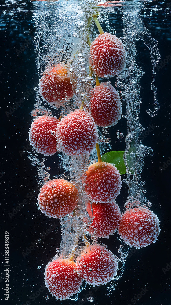 Poster lychee fruits splashing underwater with bubbles and frozen motion on a dark background