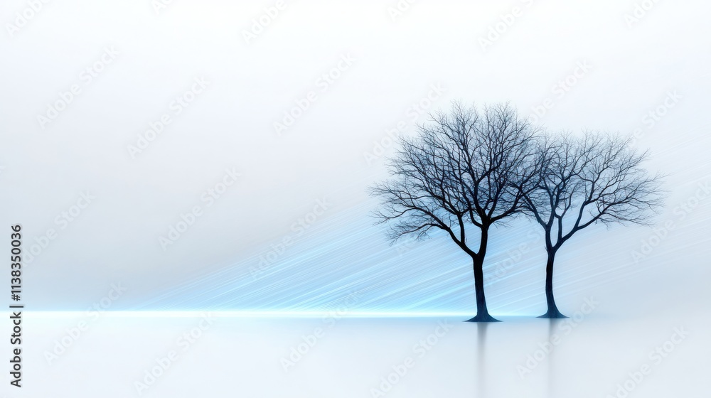 Poster minimalistic landscape with two trees and soft light effects.