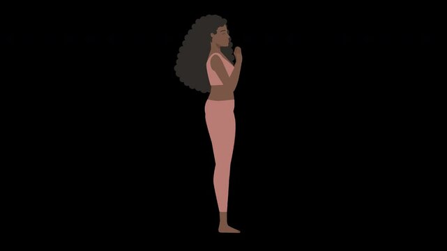 Animated illustration of a brown woman doing asana sun salutation yoga tadasana pose
