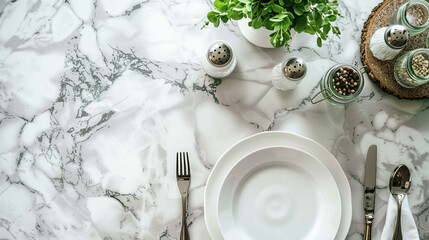 Top view of a modern marble dining table with white ceramic plates, silverware, napkin, and seasoning bottles. Elegant dining setup with minimalist decor, perfect for formal or casual gatherings.