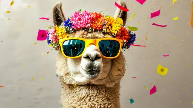 A llama wearing sunglasses and a flower headband