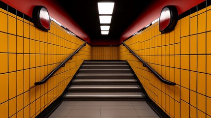 Obraz premium Descending into Amber: Subway Stairwell Architecture 