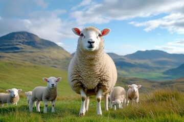 Obraz premium A close-up of a ewe in a grassy field, with soft wool and calm eyes, surrounded by her lambs grazing nearby