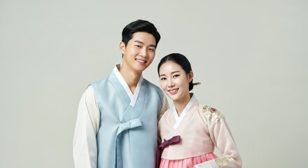 Cultural heritage and diversity: young asian couple in traditional korean hanbok clothing