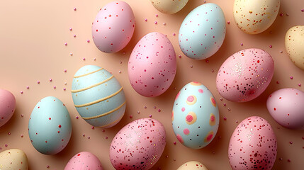 Fototapeta premium Colorful Easter eggs on a soft pastel background for spring