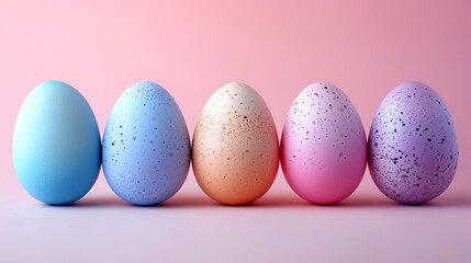 Colorful speckled eggs arranged in a row against a pastel background