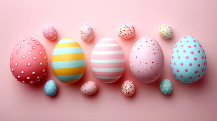Fototapeta premium Colorful Easter eggs on a pastel pink background for spring