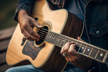 Fototapeta premium A close-up of a person playing an acoustic guitar, showcasing hands skillfully strumming the strings, set against a natural backdrop.