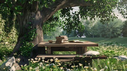 Illustrate an outdoor learning space with a table under a tree, books, and a notepad. 