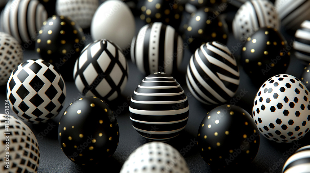 Poster black and white patterned eggs create a striking visual display on a surface