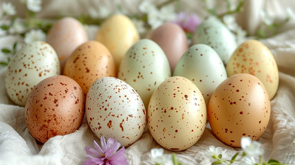 Colorful speckled eggs arranged beautifully on a soft fabric background