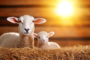 Obraz premium A detailed 3D illustration of a ewe with her lamb, surrounded by soft hay in a rustic barn illuminated by warm sunlight
