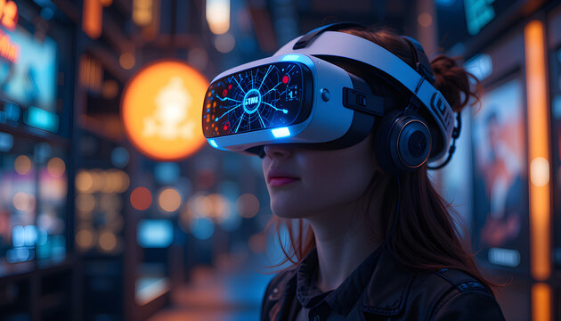 Woman Experiencing Virtual Reality in Futuristic Setting