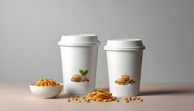 Two white takeaway cups with burger and macaron images. A bowl of crunchy snacks and more snacks scattered nearby. Simple, clean aesthetic.