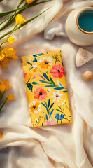 A vibrant floral-patterned item on a soft fabric backdrop with flowers and a teapot.