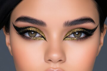 Obraz premium A dramatic makeup look featuring glitter-coated eyelashes paired with a bold eyeliner design