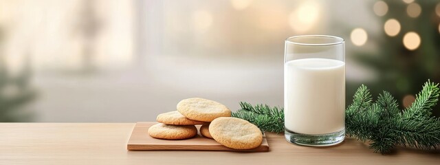 Cozy Holiday Scene Featuring Freshly Baked Cookies on a Wooden Board Accompanied by a Glass of Milk Against a Softly Lit Festive Background