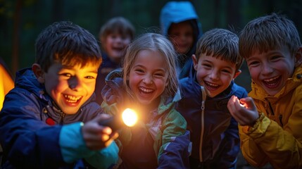 A group of kids playing flashlight tag near their campsite, the beams of light cutting through the dark, laughter echoing through the woods