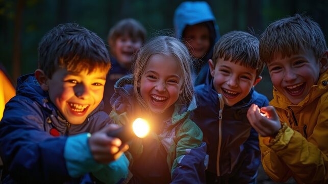 A group of kids playing flashlight tag near their campsite, the beams of light cutting through the dark, laughter echoing through the woods