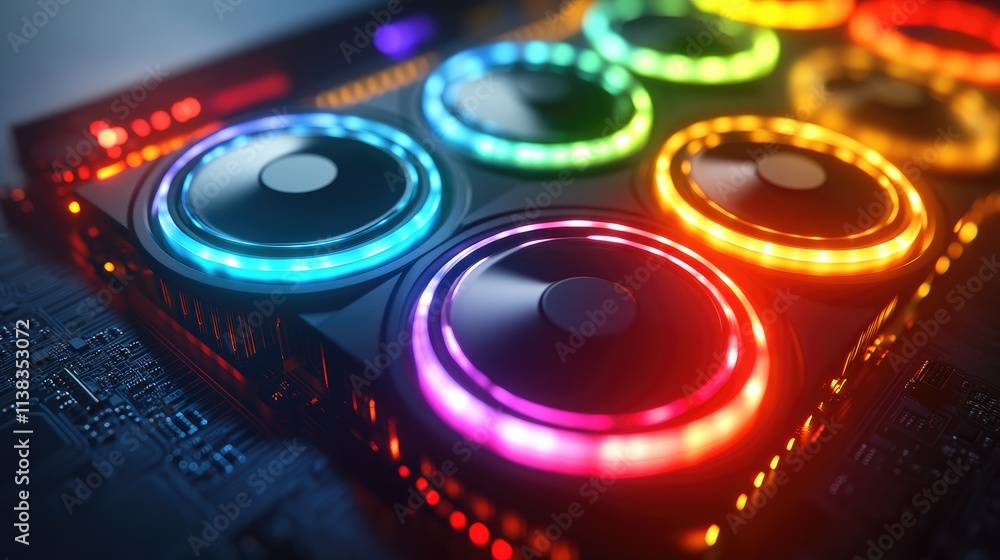Poster close-up of a computer graphics card with colorful led lighting.