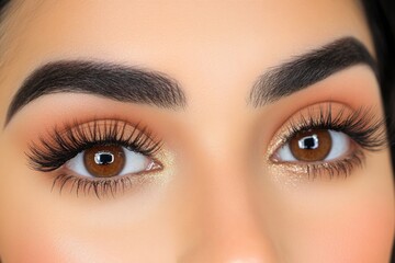 Obraz premium A dramatic view of thick false eyelashes applied perfectly, with shimmering eyeshadow in the background