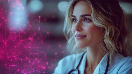 Confident female doctor looking thoughtfully, overlaid with a digital network graphic.