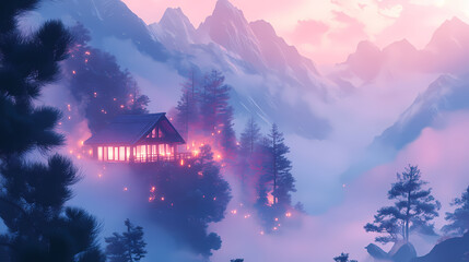 A serene mountaintop retreat where glowing lights and soft mist create a peaceful haven for exploration. Haven. Illustration
