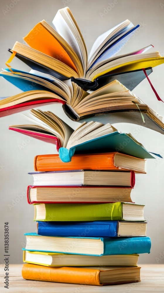Poster colorful stack of books with one open book floating above