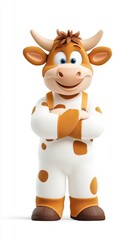 Fototapeta premium Cheerful Cartoon Cow Character with Brown Spots in Overalls Standing Confidently with Arms Crossed on a White Background Ideal for Children's Themes and Agriculture Concepts