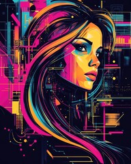 Vector t-shirt design of an attractive woman with long hair, in the style of colorful and detailed illustrations, futuristic tech theme, on a black background, colorful and vibrant vector art