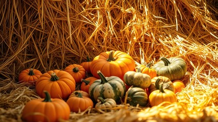 A group of pumpkins nestled together in a bed of hay, a scene of autumnal abundance and harvest time