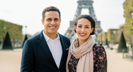 Happy couple exploring paris with eiffel tower in background for travel and vacation themes