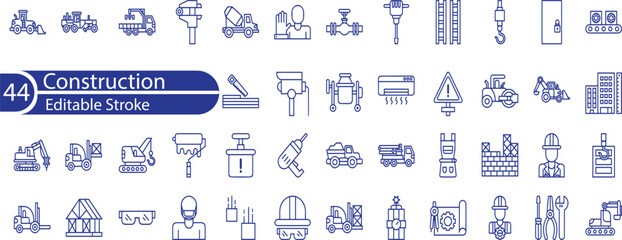 A set of line icons related to construction. Construct, worker, tools, machines, oil, wall, drill, measure, excavator and so on. 
