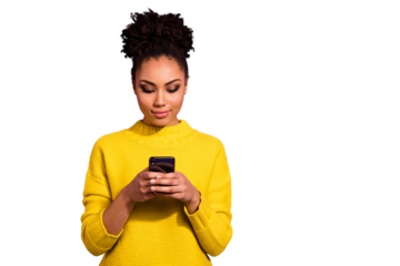 Portrait of her she nice attractive lovely winsome sweet gorgeous focused wavy-haired girl holding in hands device gadget isolated over bright vivid shine violet background