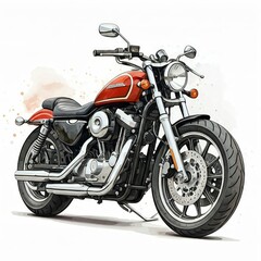 Red and Chrome Motorcycle Illustration: A classic red motorcycle with chrome accents is beautifully illustrated in a watercolor style, capturing the timeless allure of cruising down the open road.