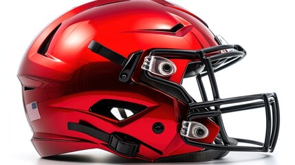 Close-up of a glossy red football helmet with a black face mask, isolated on white background.