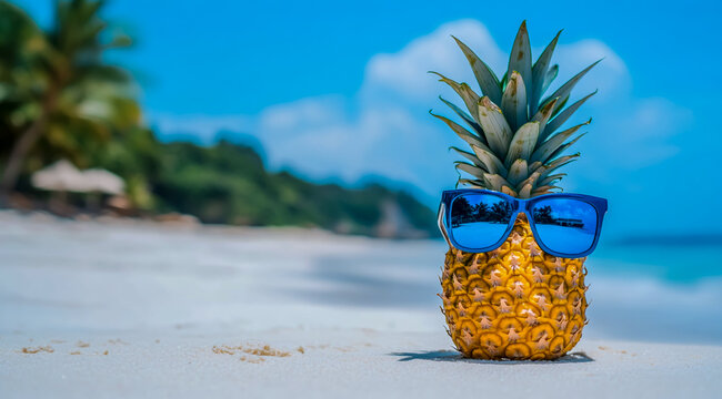 A pineapple wearing blue sunglasses on a white background