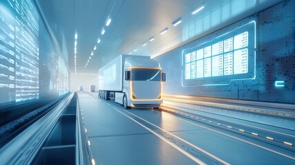 Warehouse management with logistics scheduling. A modern truck driving through a futuristic tunnel illuminated by blue lights, showcasing technology and transportation innovation.