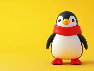 Fototapeta premium Cute cartoon penguin wearing a red scarf standing on a vibrant yellow background. Concept of winter, fun, and cheerful character design.