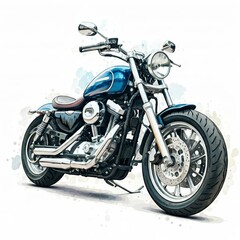 Blue Cruiser Motorcycle Watercolor Illustration 