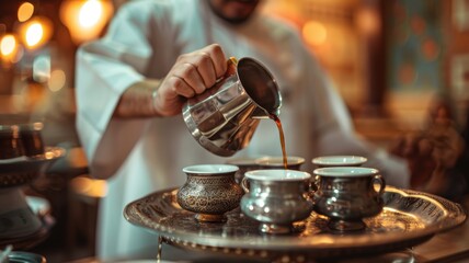 Arabian man pouring coffee into a cup, close-up.