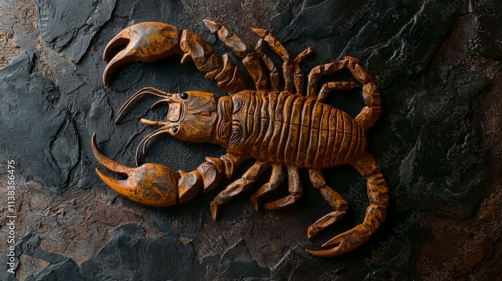 Poster intricate sand scorpion design on dark slate surface artistic creation modern aesthetic close-up vie