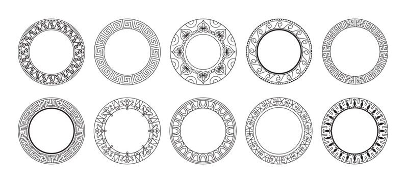 Greek pattern. Circe ancient ornament, round art border texture or meander decor element. Mediterranean vase antique geometric decorative vintage motif. Black lines frame. Vector design