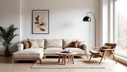 Fototapeta premium Serene Living Room: Modern Sectional Sofa and Armchair Arrangement 