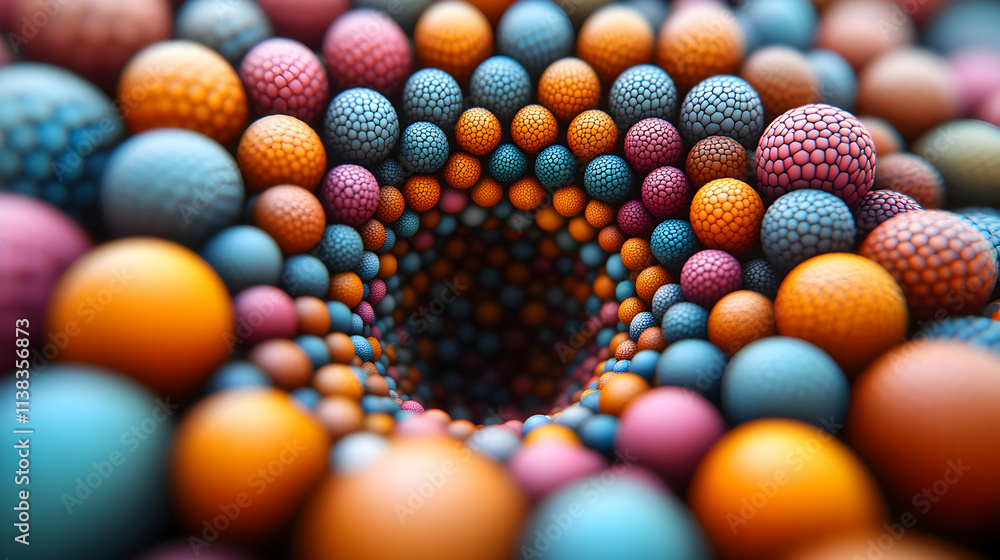 Poster abstract colorful sphere vortex, infinite swirling pattern of textured spheres creating a mesmerizin